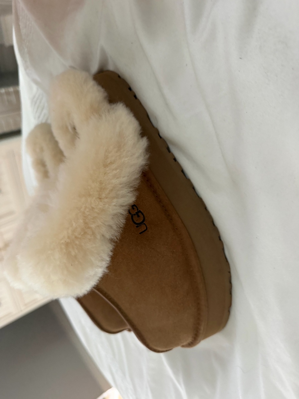UGG Women's Chestnut Suede Slide with Cream Shearling Trim